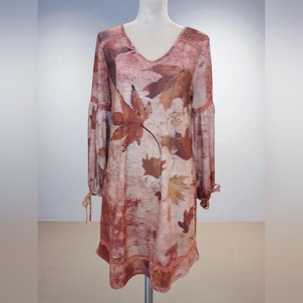 One World Artsy Balloon Sleeve Crochet Dress Fall Autumn Leaf Woman Medium